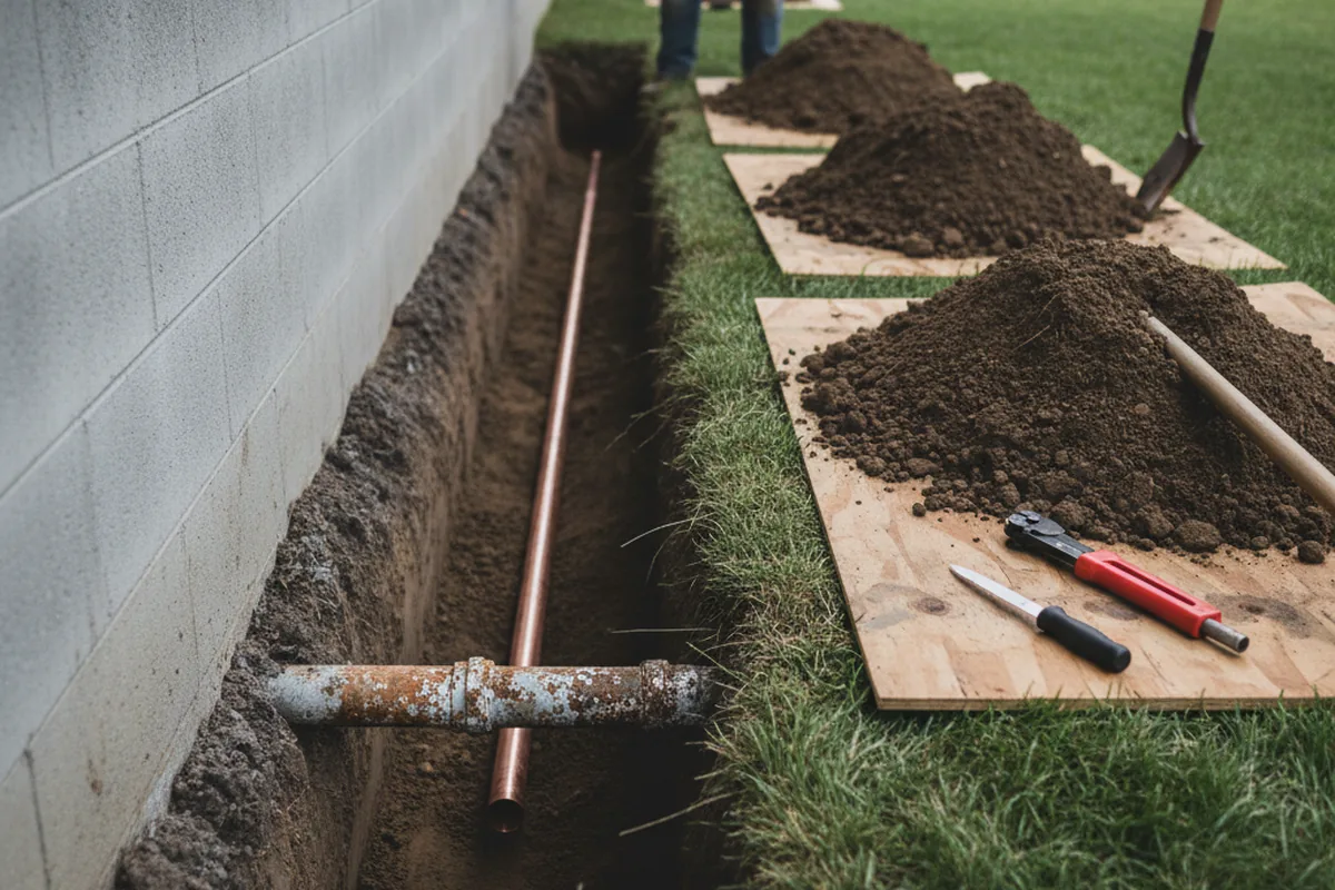 Excavated water line trench during Water Softener Installation in Glen Mills